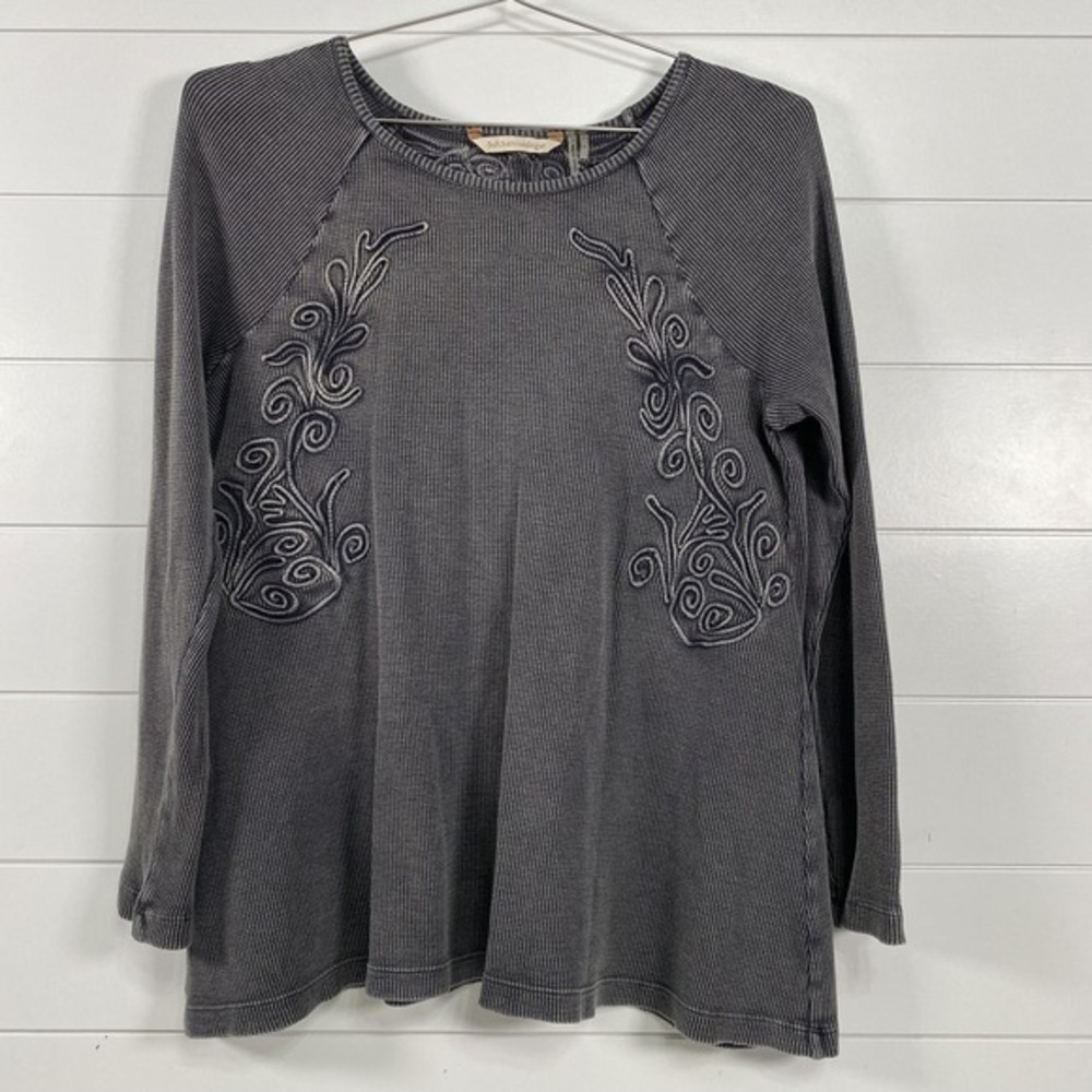 Soft Surroundings Sweater Womens Large Gray Embroidered Cotton Pullover Boho Top
